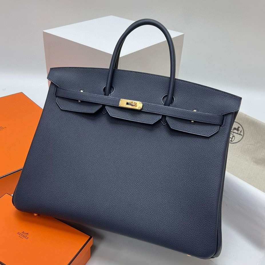 Hermes Birkin 40 Retourne Handmade Bag In Blue Nuit Clemence Leather