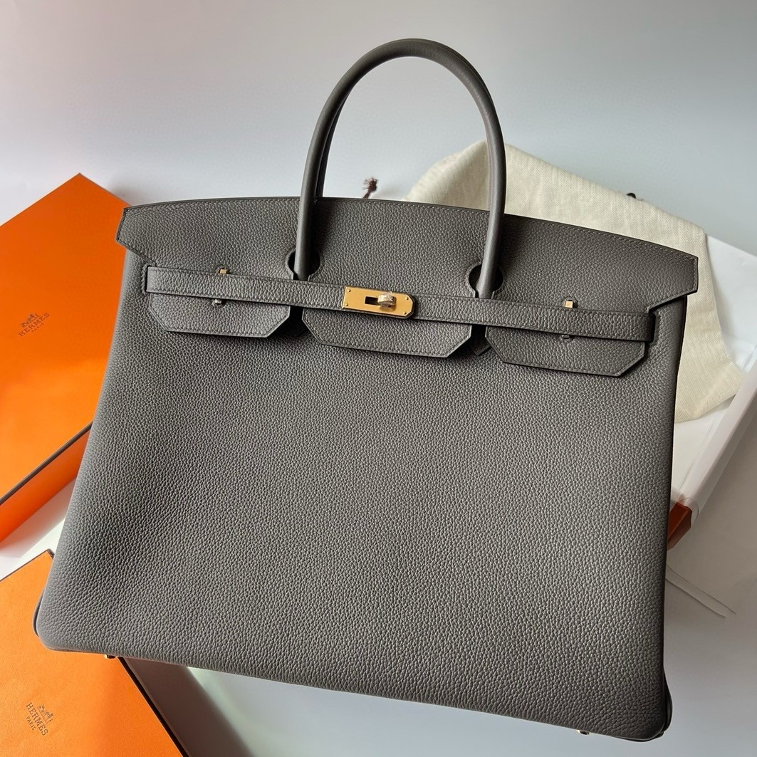 Hermes Birkin 40 Retourne Handmade Bag In Etain Clemence Leather