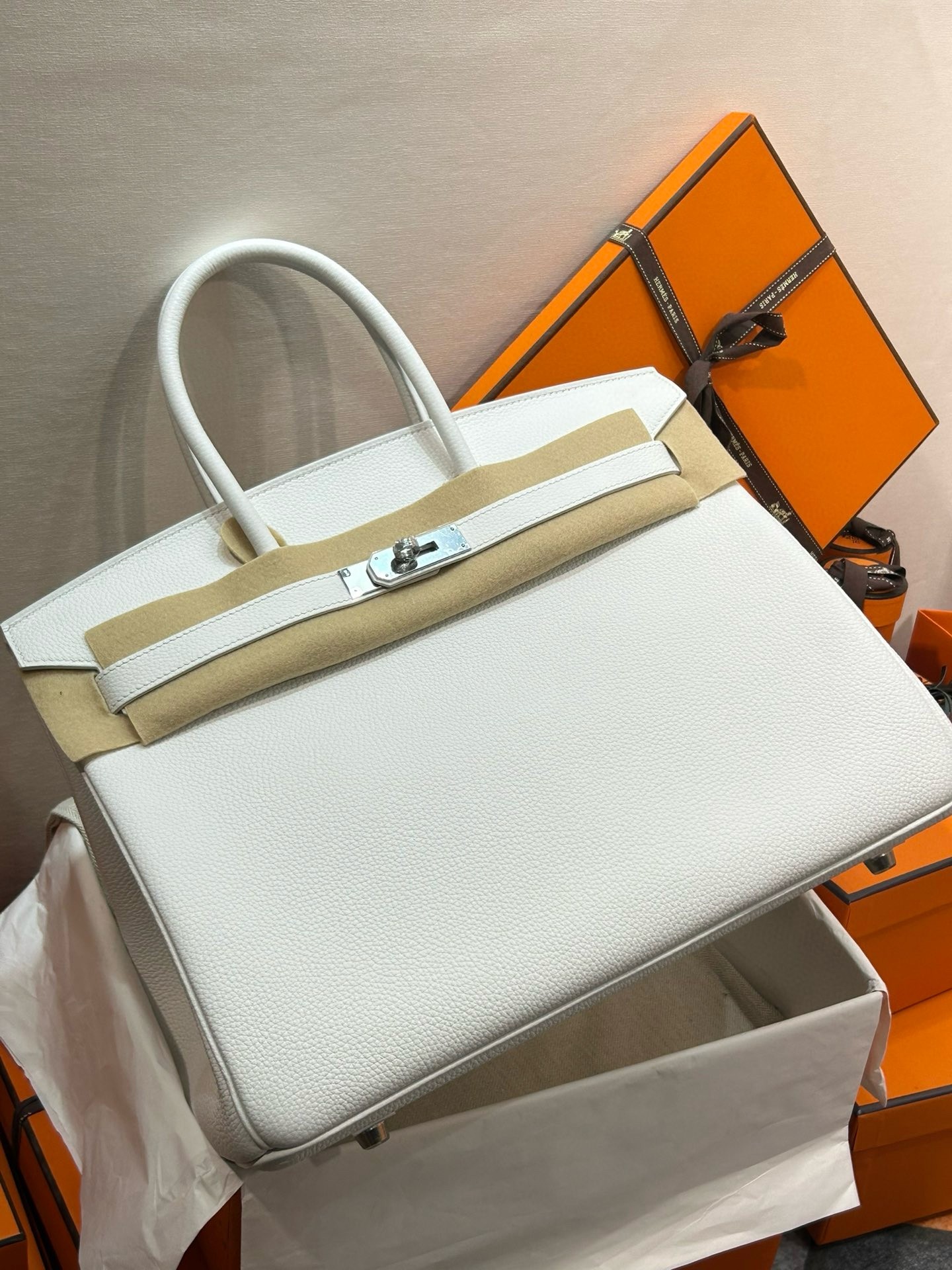 Hermes Birkin 35 Retourne Handmade Bag In White Clemence Leather