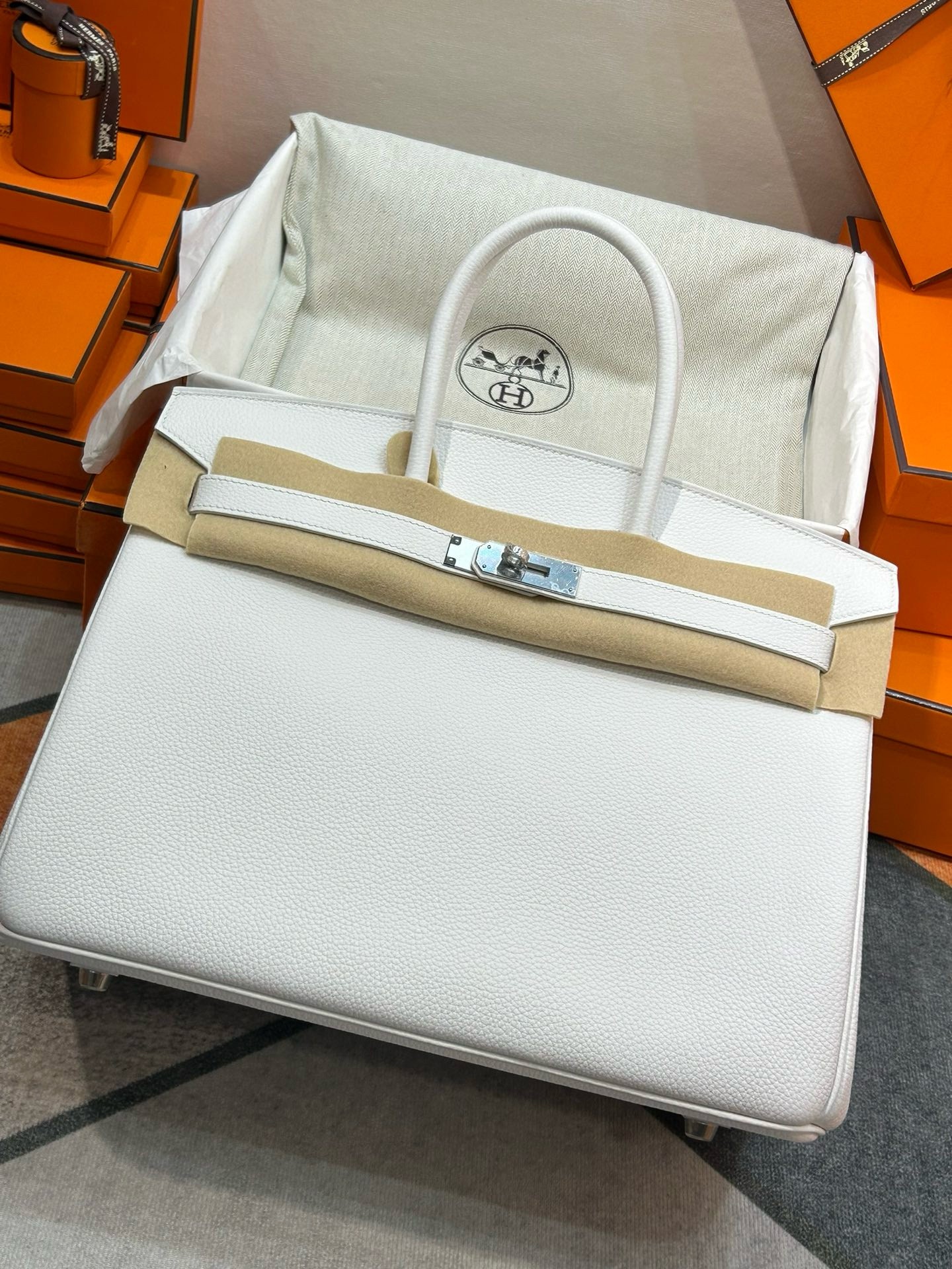 Hermes Birkin 35 Retourne Handmade Bag In White Clemence Leather