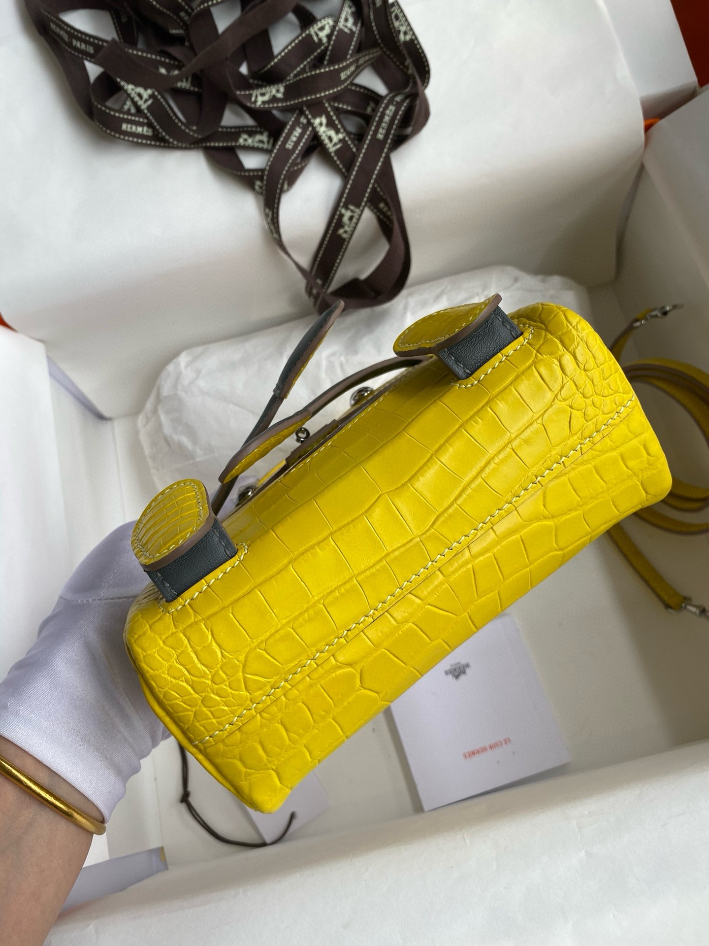 Hermes Kelly Doll Bag in Jaune Ambre Matte Alligator Leather