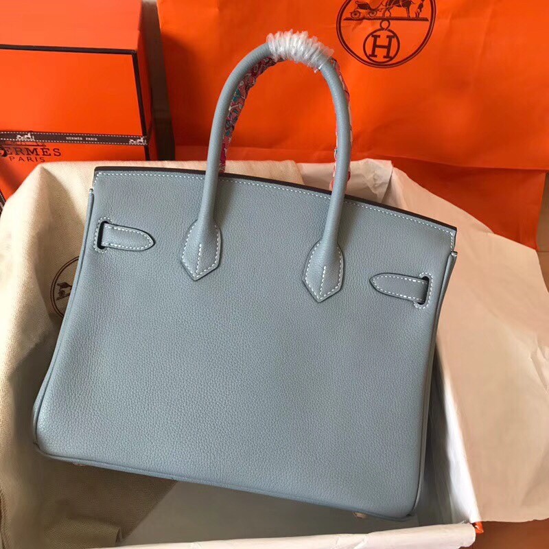 Hermes Blue Lin Birkin 30cm Clemence Handmade Bag