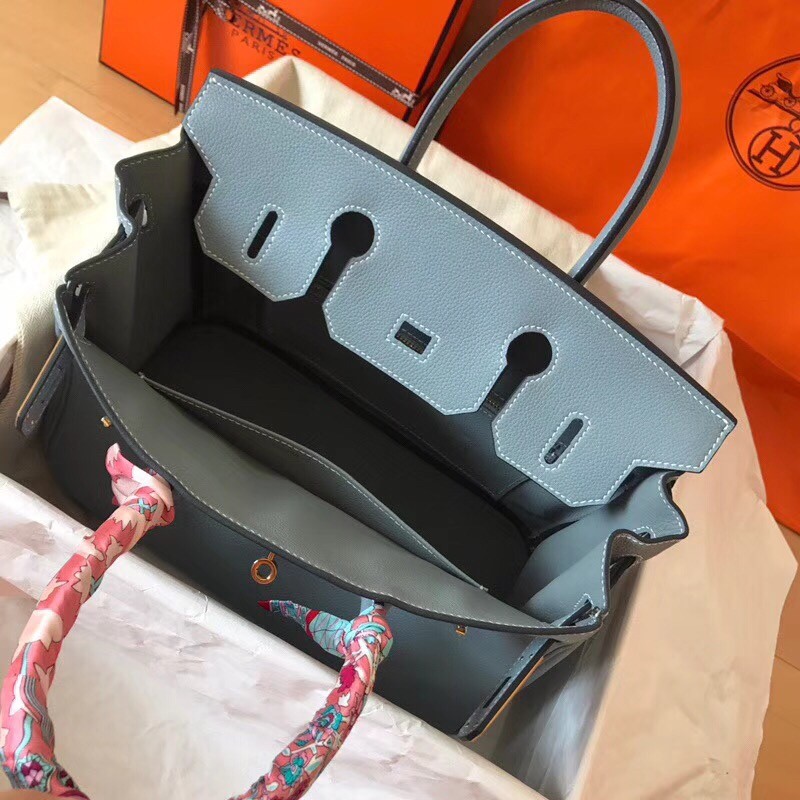 Hermes Blue Lin Birkin 30cm Clemence Handmade Bag