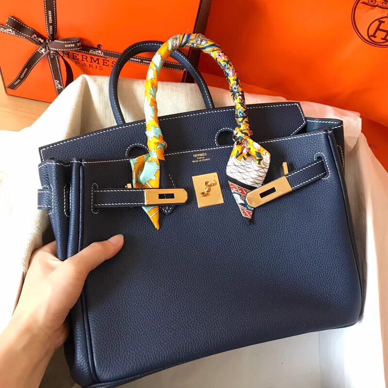 Hermes Navy Blue Birkin 30cm Clemence Handmade Bag