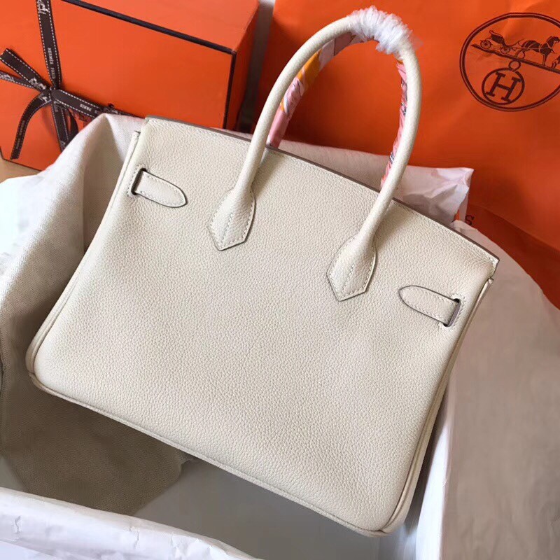 Hermes White Birkin 30cm Clemence Handmade Bag