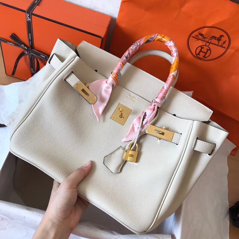 Hermes White Birkin 30cm Clemence Handmade Bag