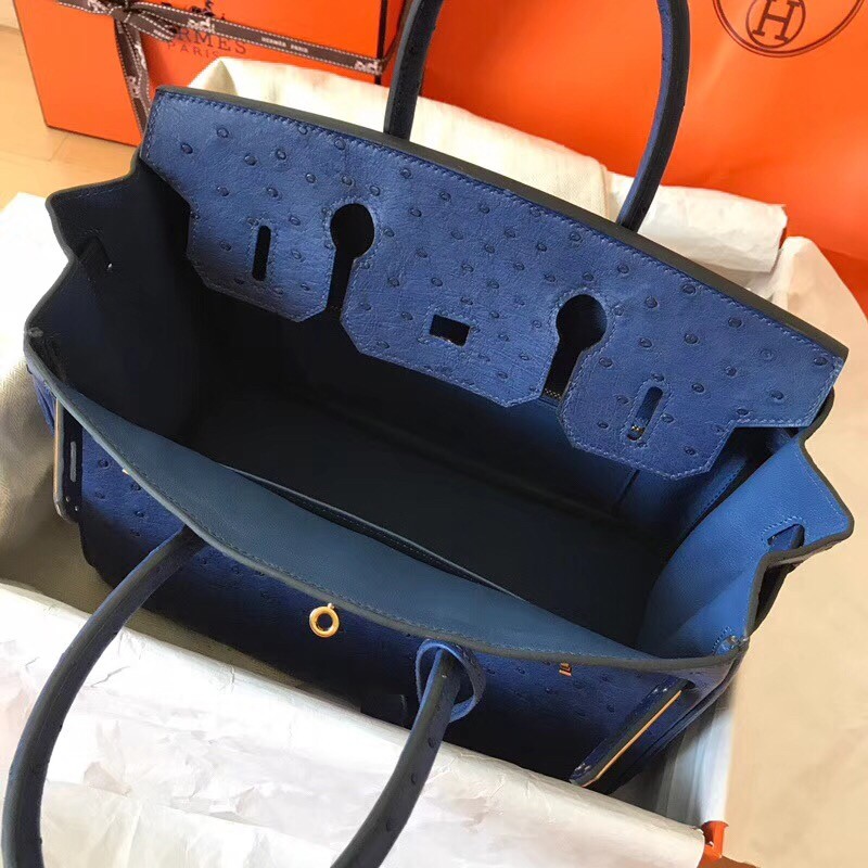 Hermes Blue Birkin 30cm Ostrich Handmade Bag