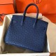 Hermes Blue Birkin 30cm Ostrich Handmade Bag