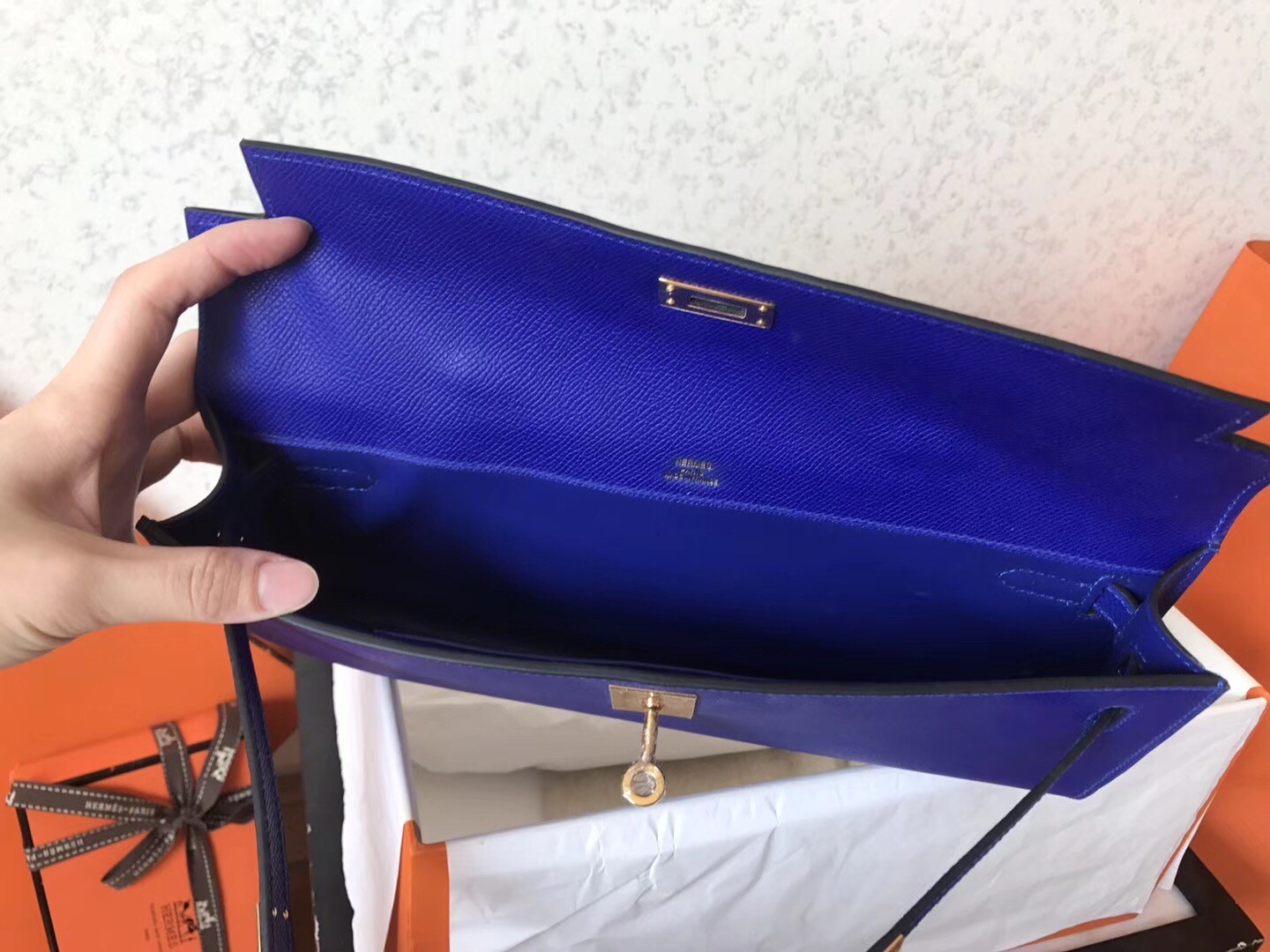 Hermes Blue Electric Epsom Kelly Cut Handmade Bag