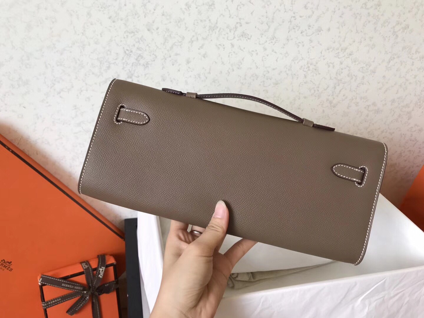 Hermes Taupe Epsom Kelly Cut Handmade Bag