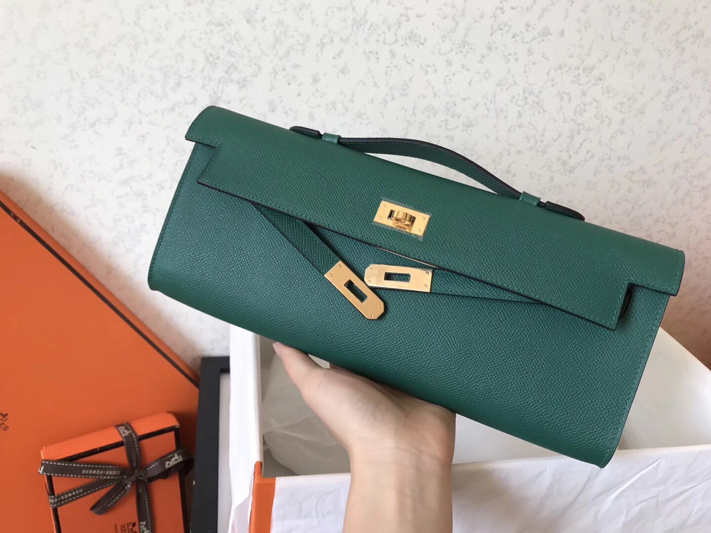 Hermes Malachite Epsom Kelly Cut Handmade Bag