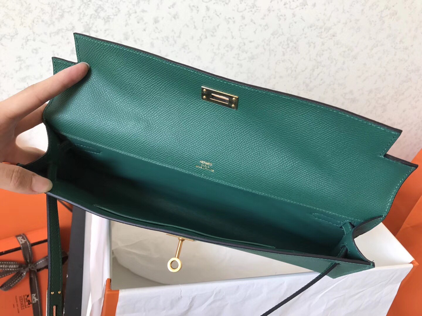 Hermes Malachite Epsom Kelly Cut Handmade Bag