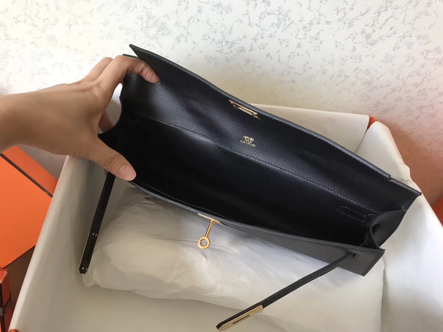 Hermes Black Epsom Kelly Cut Handmade Bag