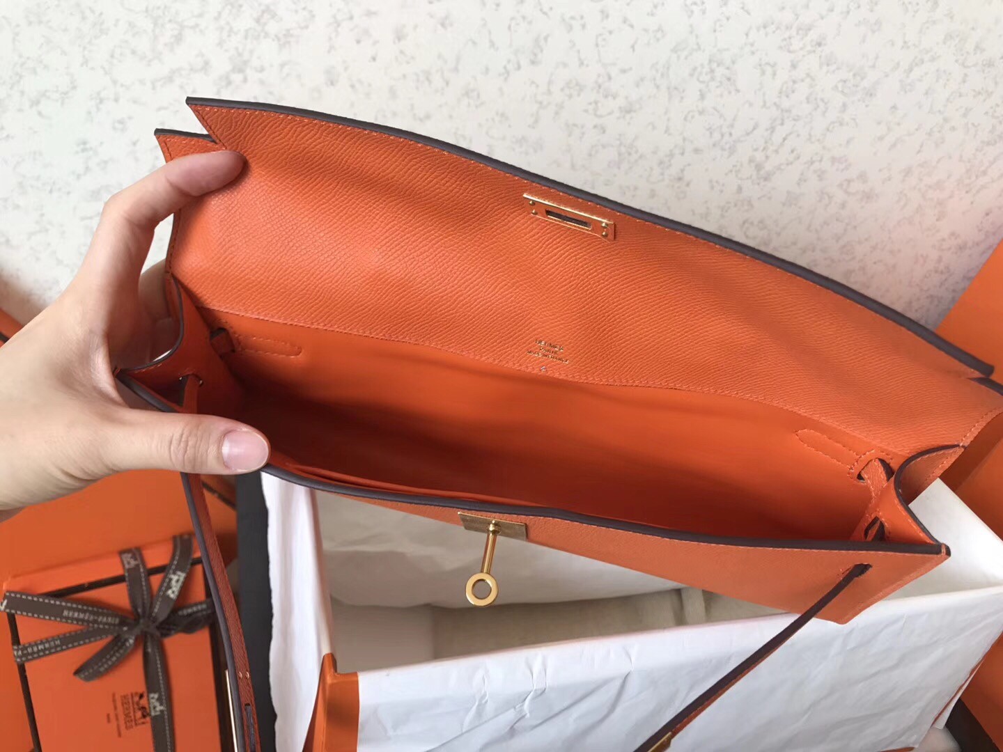 Hermes Orange Epsom Kelly Cut Handmade Bag