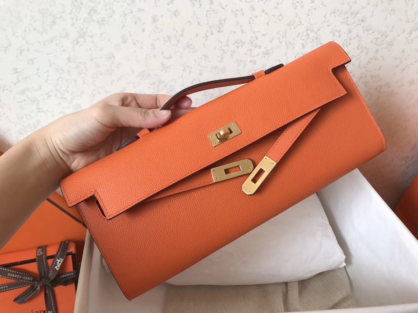 Hermes Orange Epsom Kelly Cut Handmade Bag