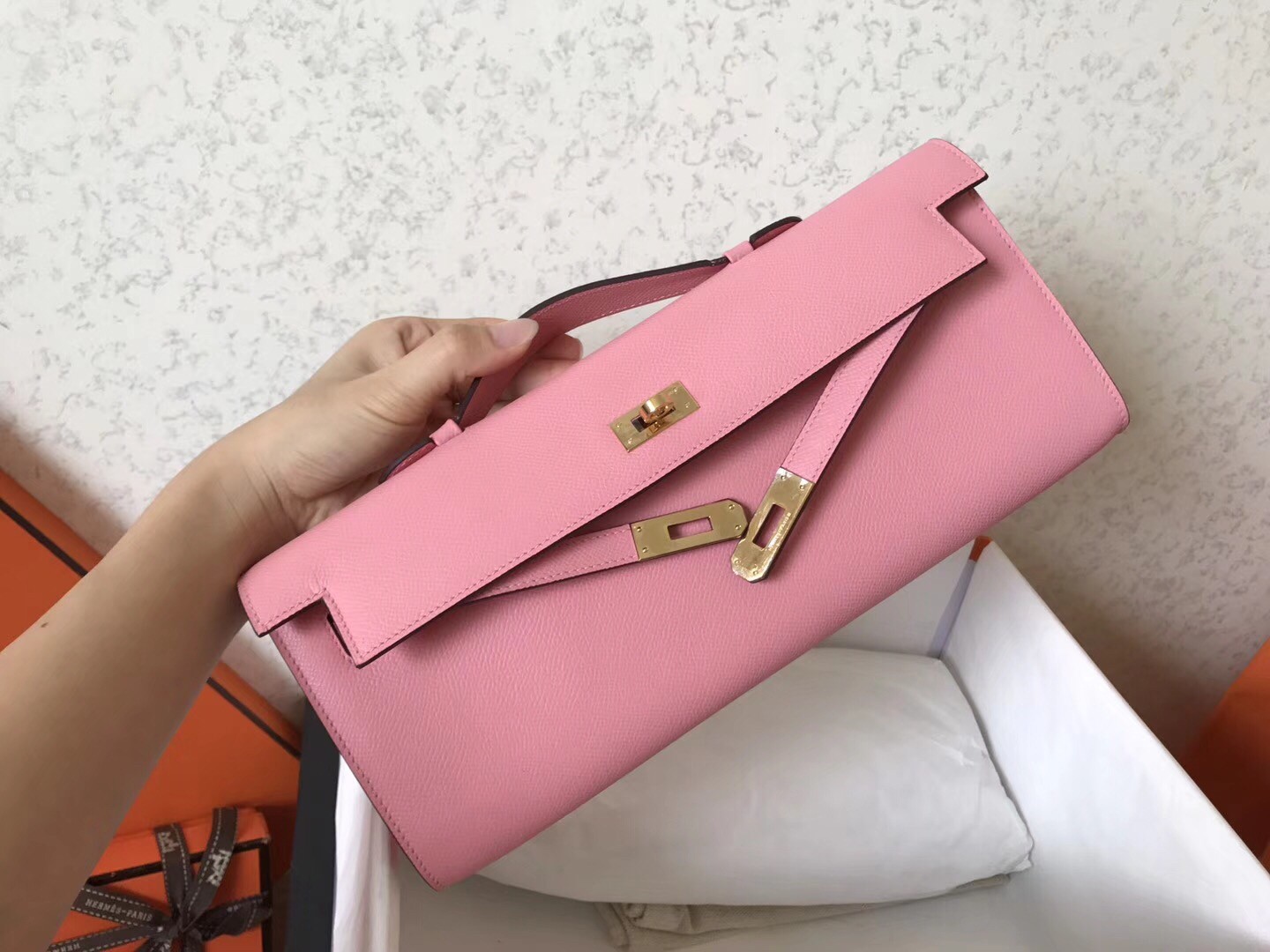 Hermes Pink Epsom Kelly Cut Handmade Bag