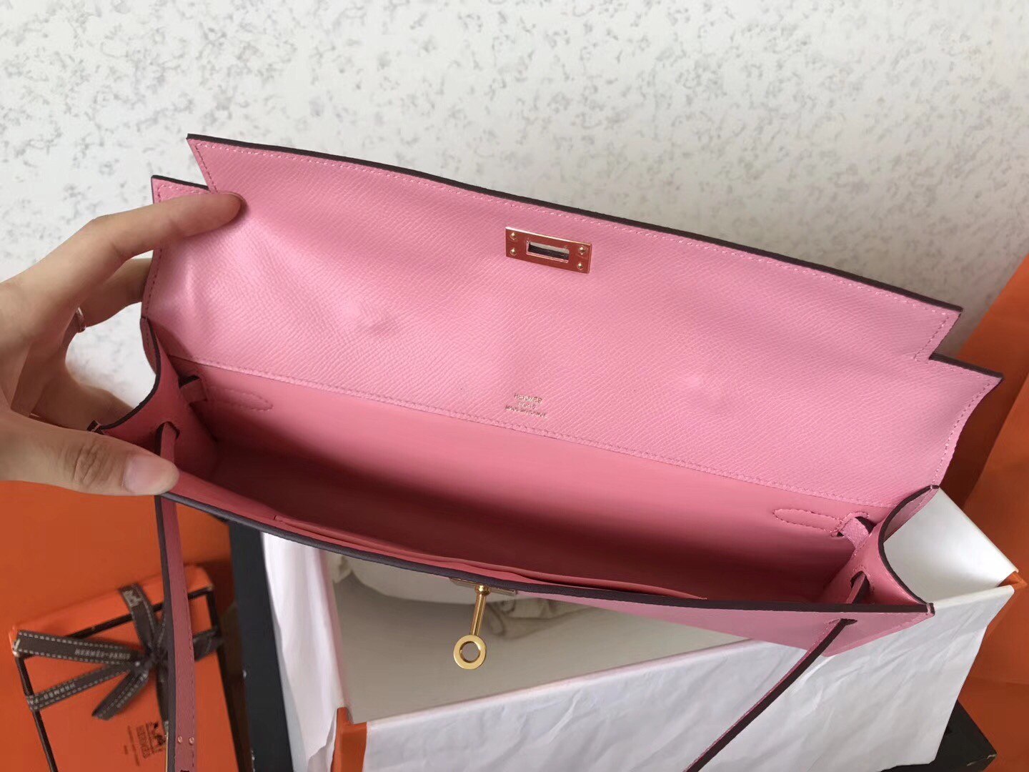 Hermes Pink Epsom Kelly Cut Handmade Bag