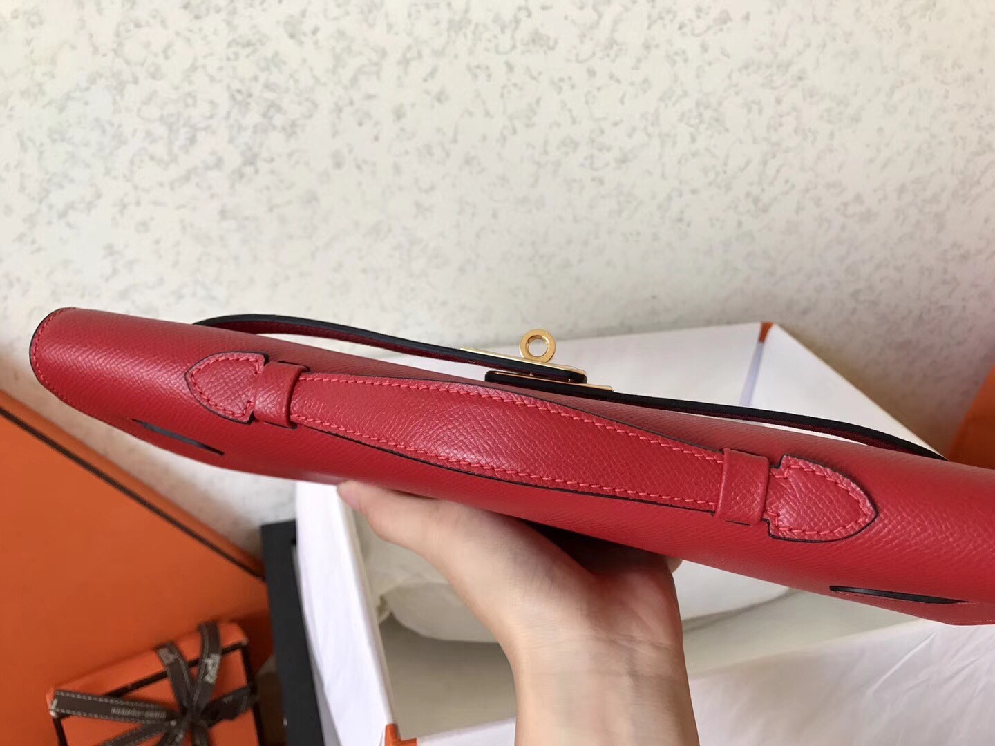 Hermes Red Epsom Kelly Cut Handmade Bag