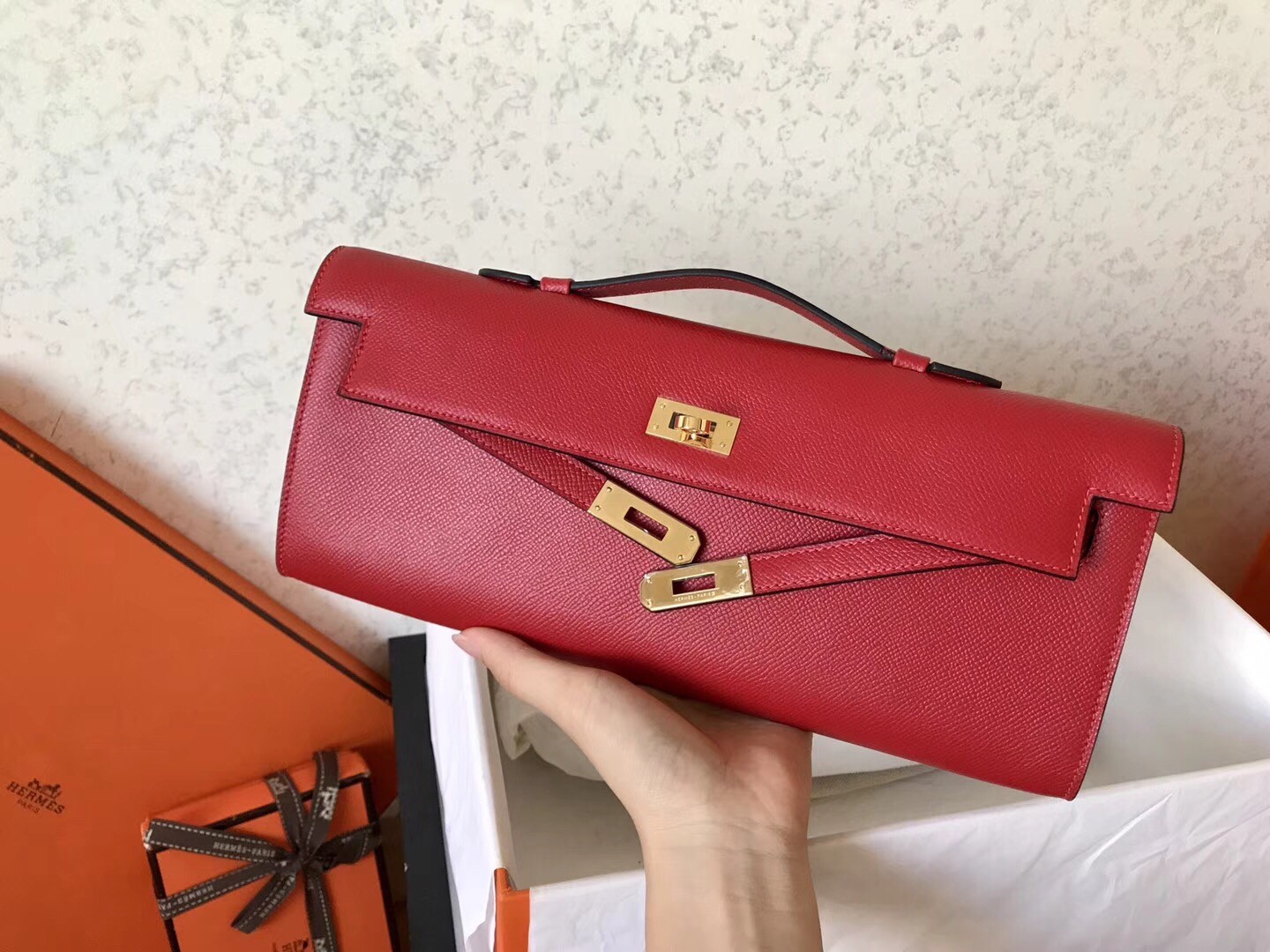 Hermes Red Epsom Kelly Cut Handmade Bag