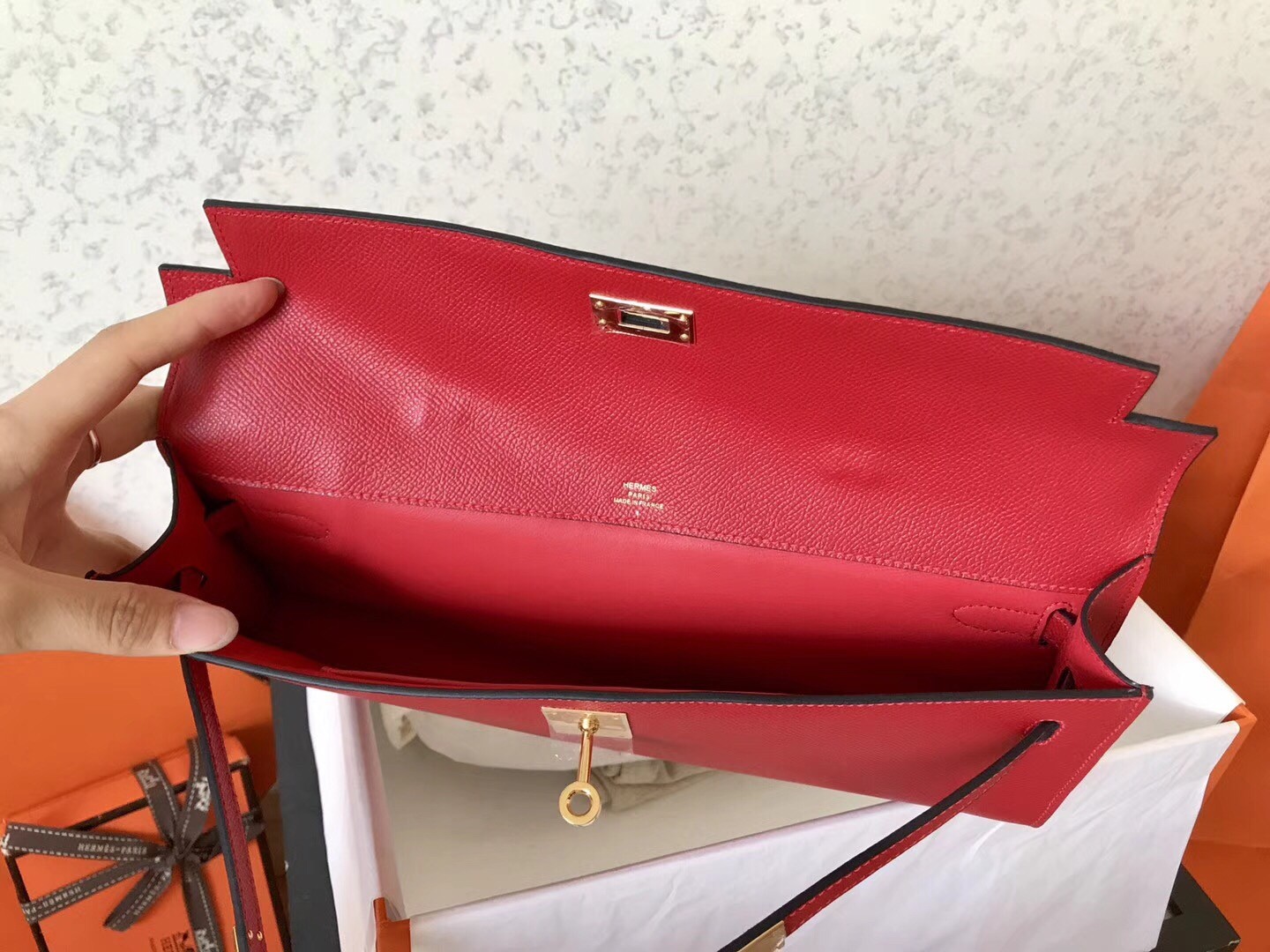 Hermes Red Epsom Kelly Cut Handmade Bag