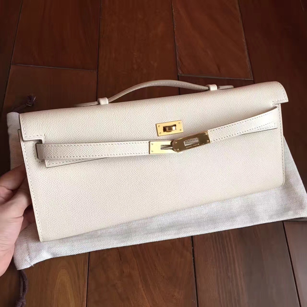 Hermes White Epsom Kelly Cut Handmade Bag