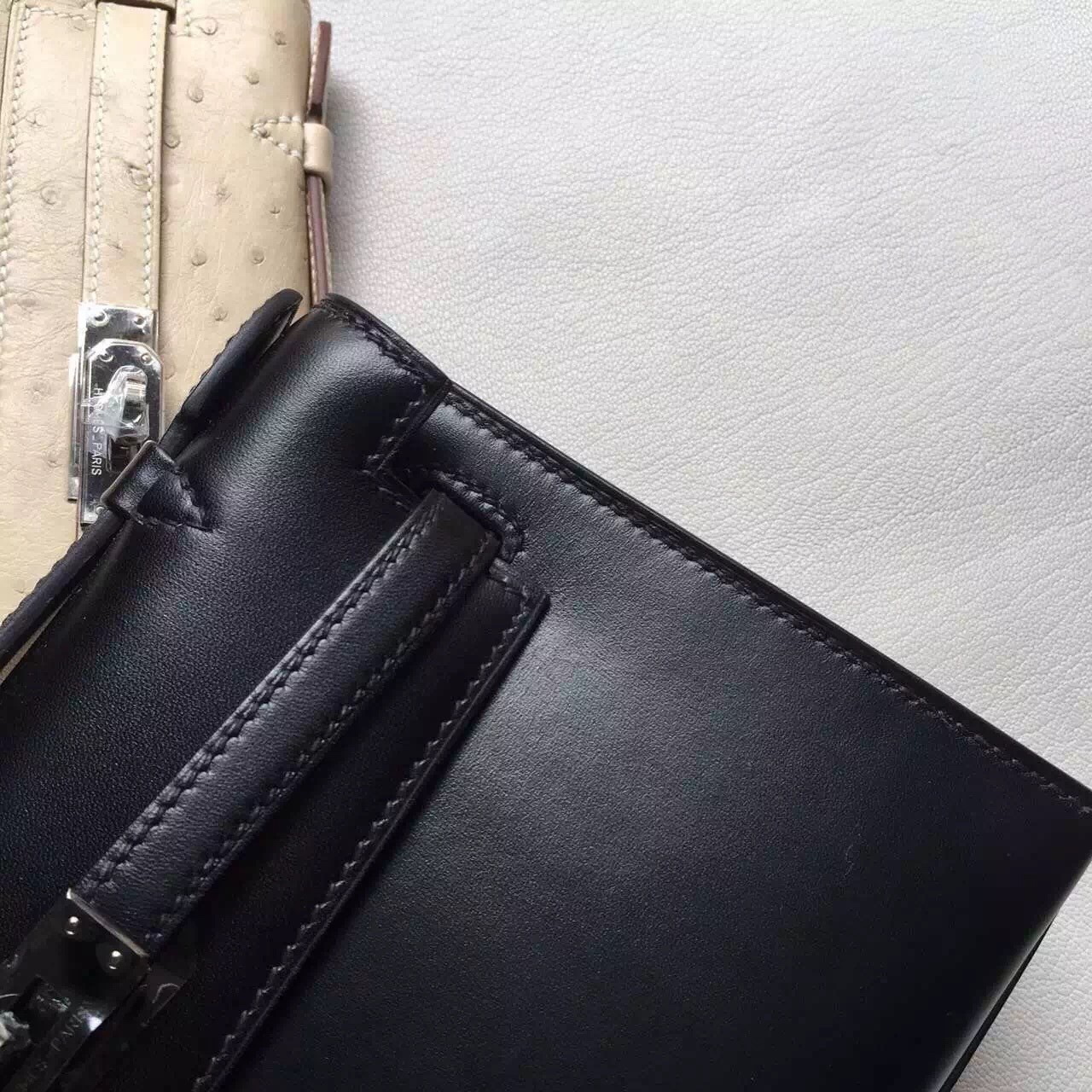 Hermes So Black Kelly Pochette Box Leather Bag