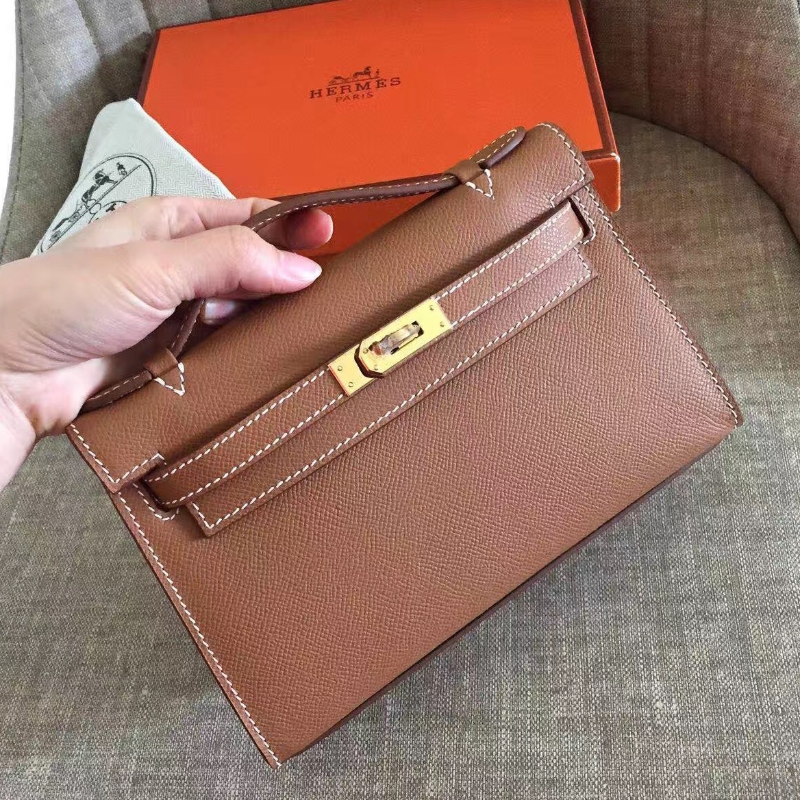 Hermes Brown Kelly Pochette Epsom Handmade Bag