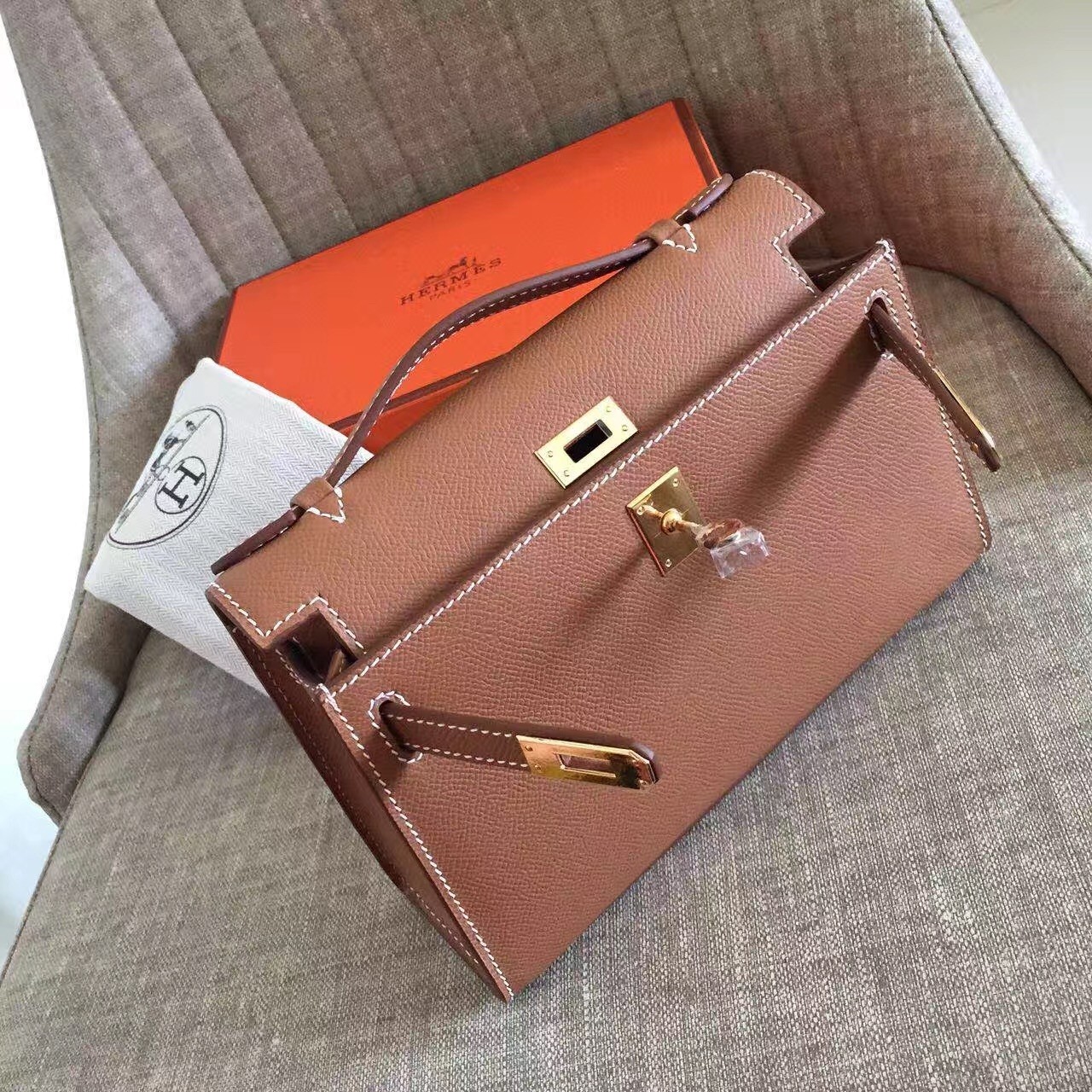 Hermes Brown Kelly Pochette Epsom Handmade Bag