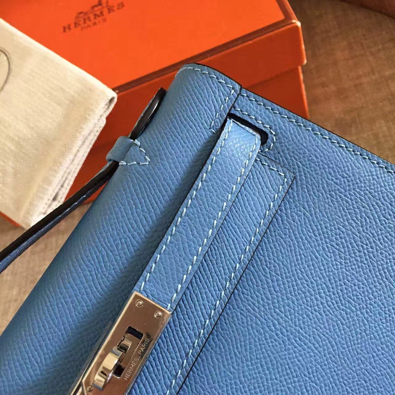 Hermes Blue Paradise Kelly Pochette Epsom Handmade Bag