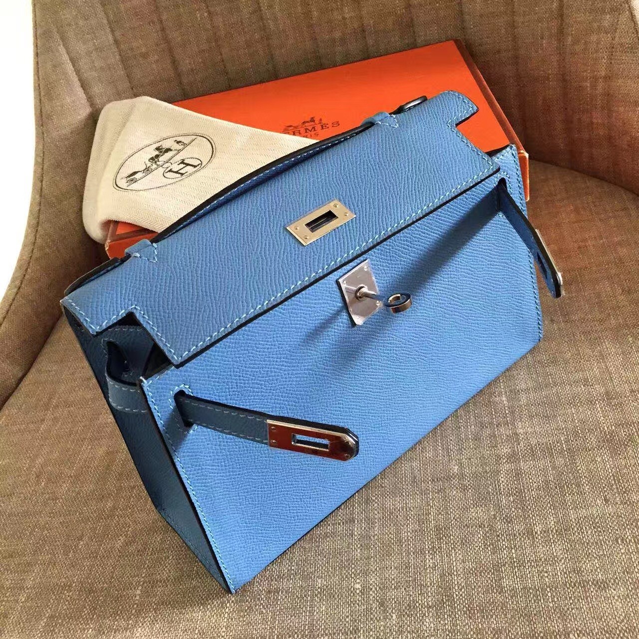 Hermes Blue Paradise Kelly Pochette Epsom Handmade Bag