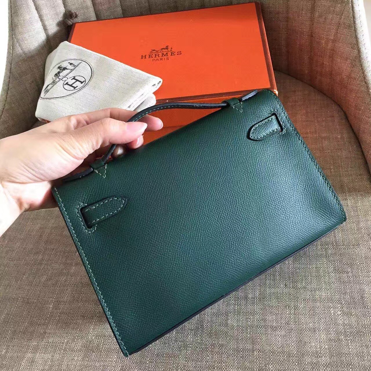 Hermes Dark Green Kelly Pochette Epsom Handmade Bag