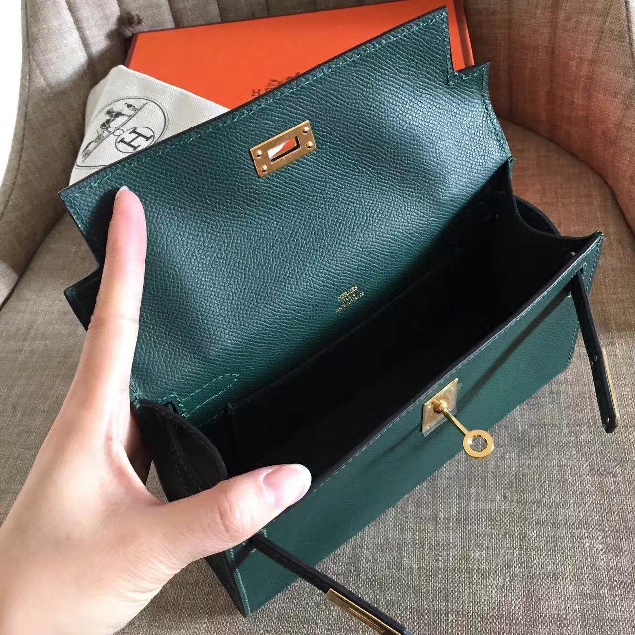 Hermes Dark Green Kelly Pochette Epsom Handmade Bag