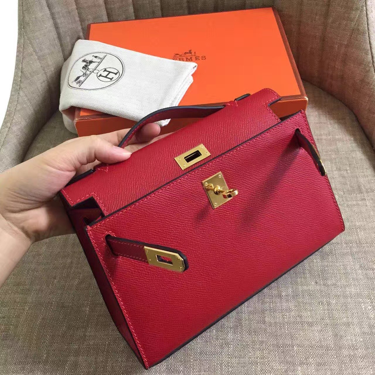 Hermes Dark Red Kelly Pochette Epsom Handmade Bag