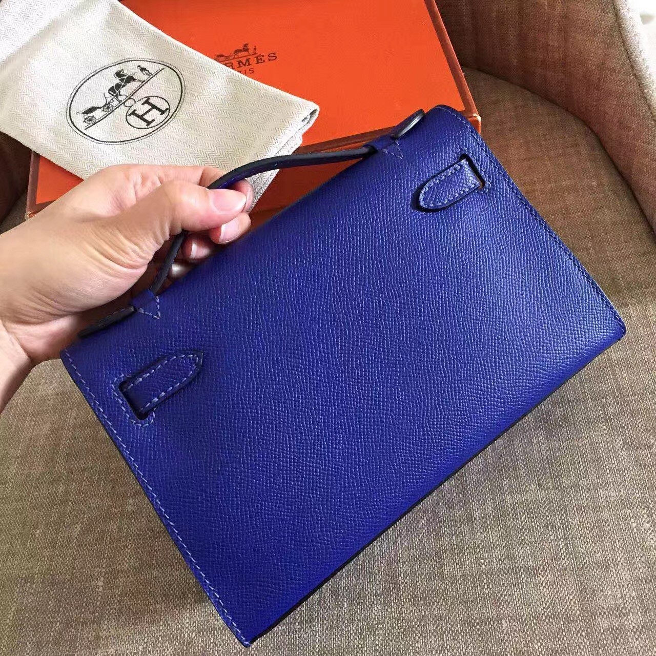 Hermes Blue Electric Kelly Pochette Epsom Handmade Bag