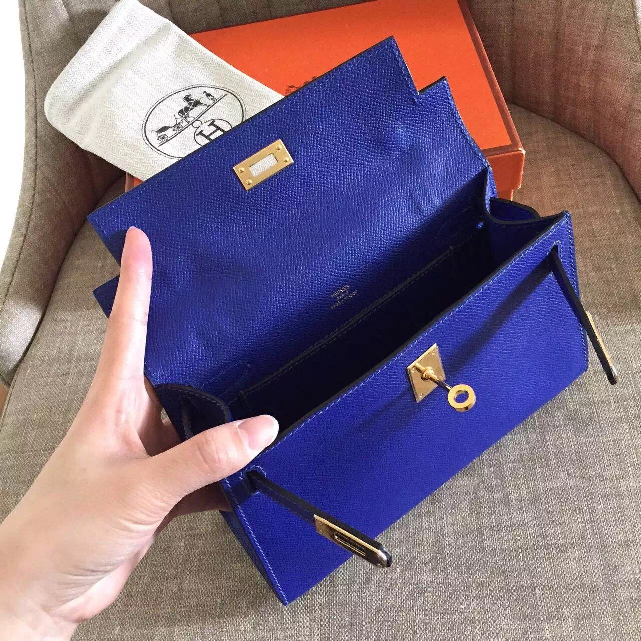 Hermes Blue Electric Kelly Pochette Epsom Handmade Bag