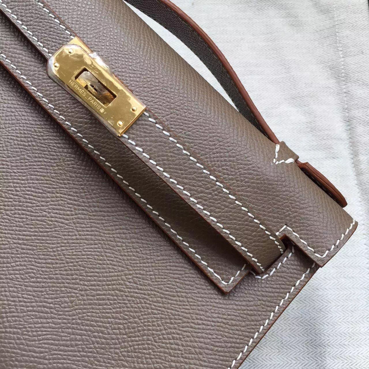 Hermes Taupe Kelly Pochette Epsom Handmade Bag