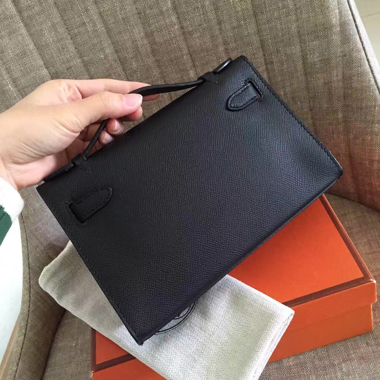 Hermes Black Kelly Pochette Epsom Handmade Bag