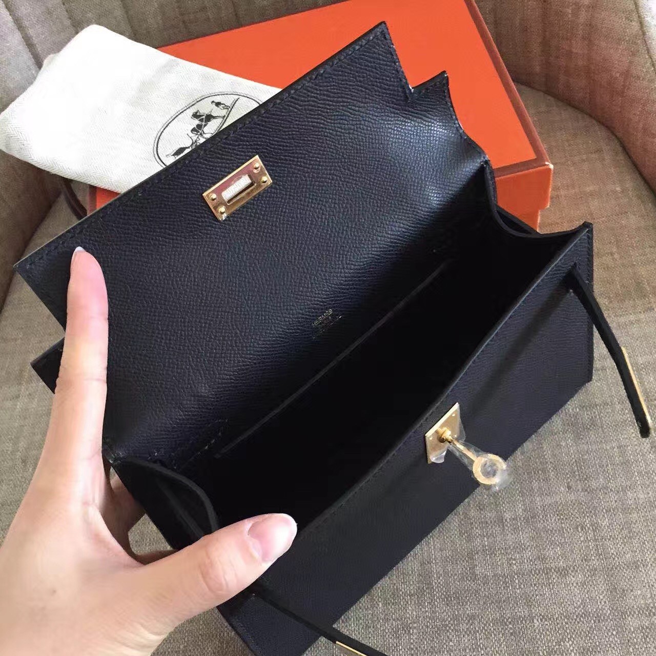 Hermes Black Kelly Pochette Epsom Handmade Bag