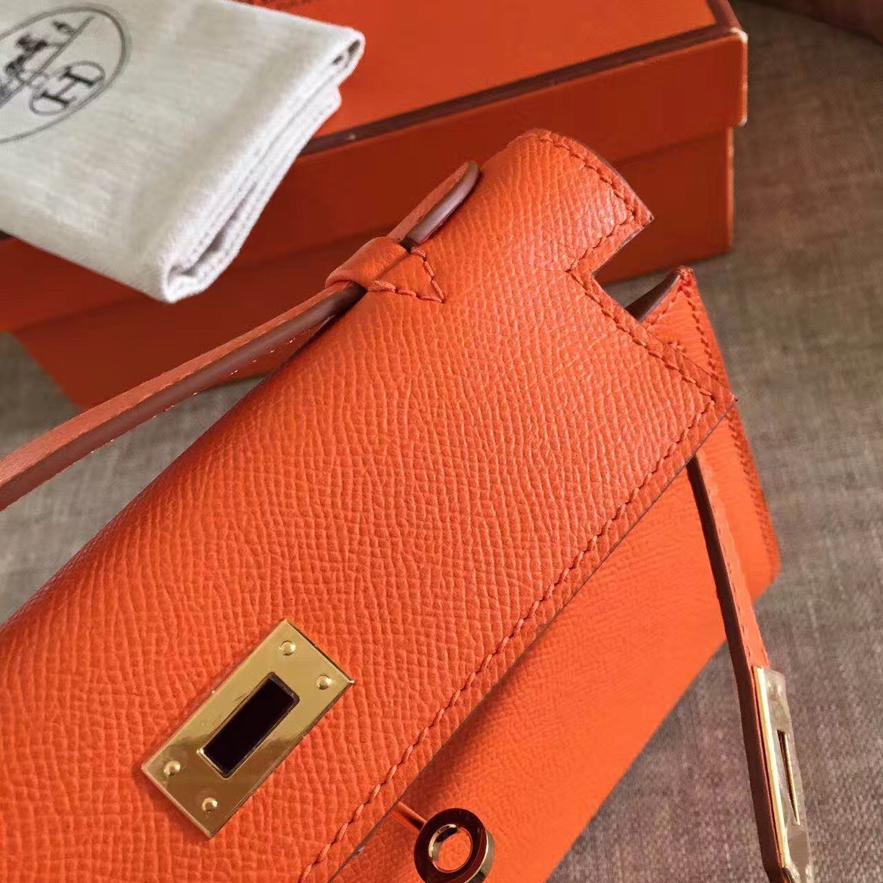 Hermes Orange Kelly Pochette Epsom Handmade Bag