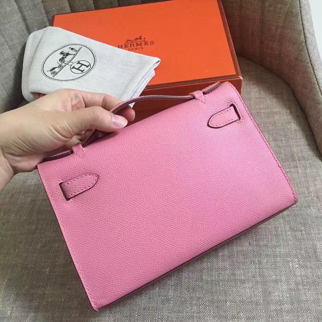 Hermes Pink Kelly Pochette Epsom Handmade Bag