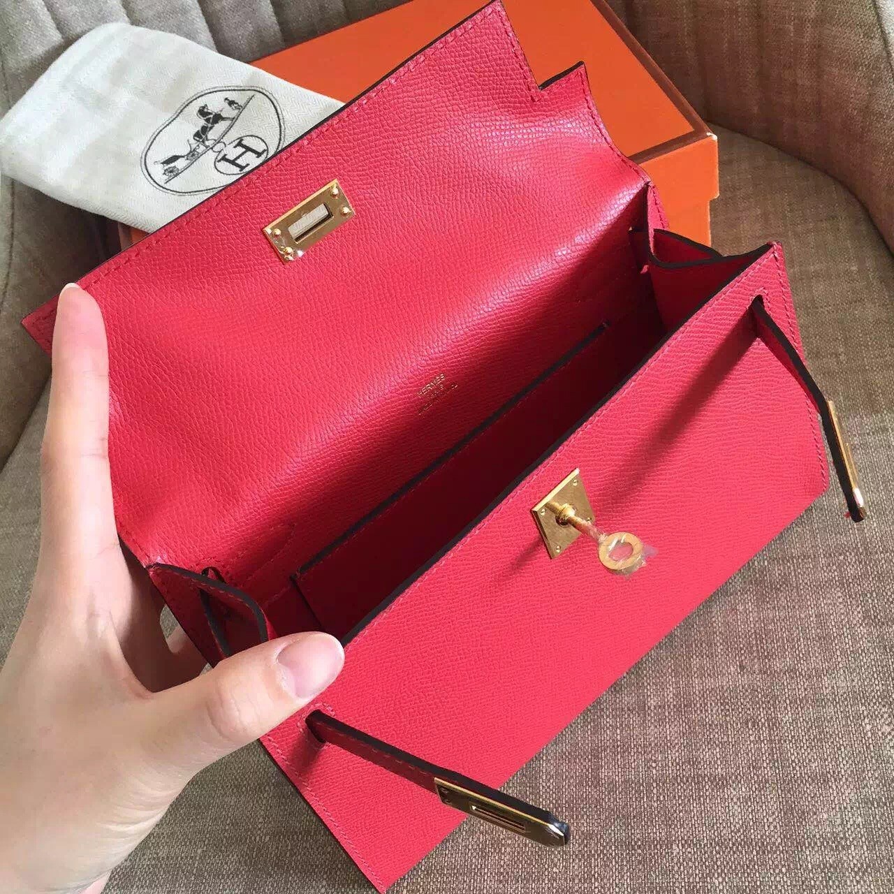 Hermes Red Kelly Pochette Epsom Handmade Bag