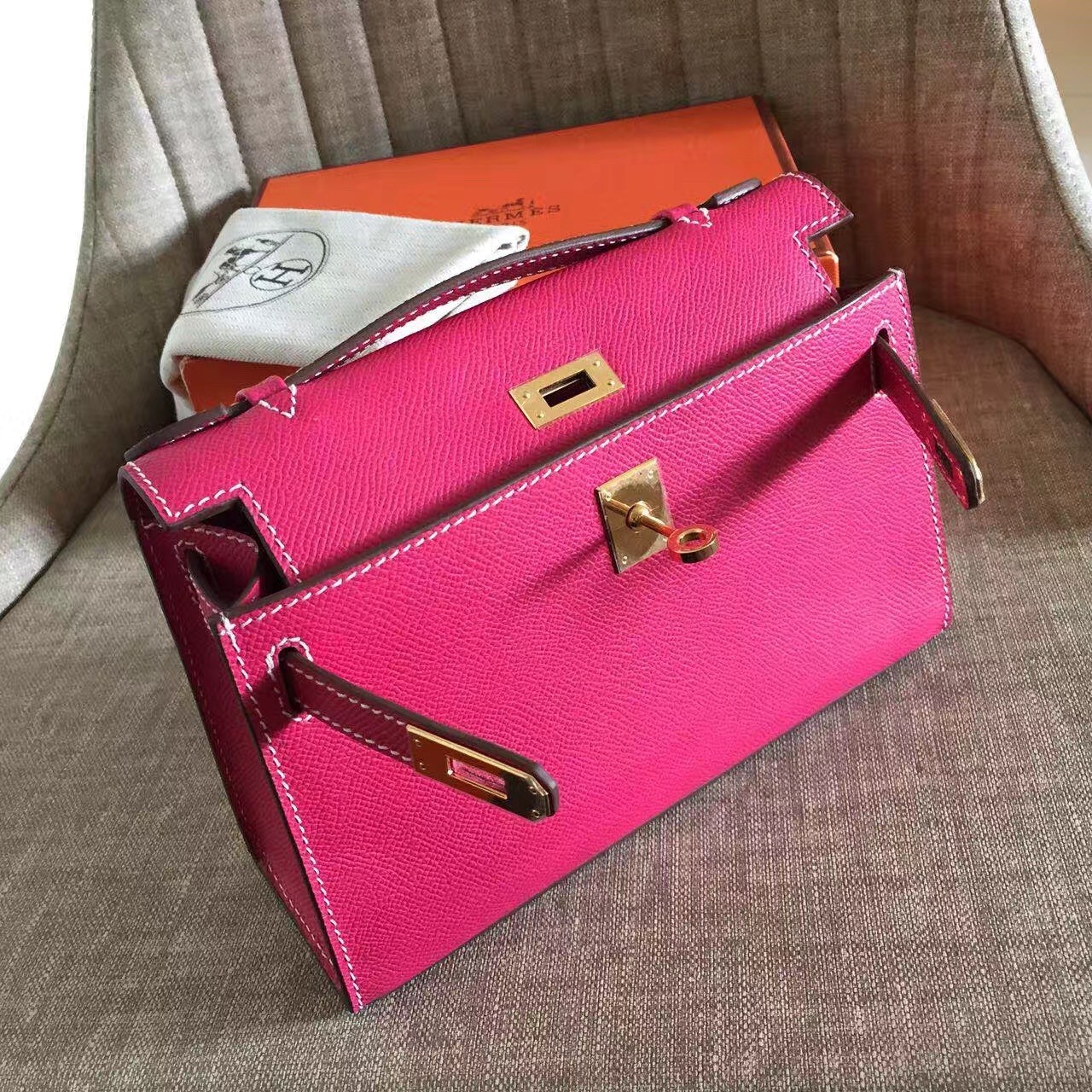 Hermes Rose Red Kelly Pochette Epsom Handmade Bag