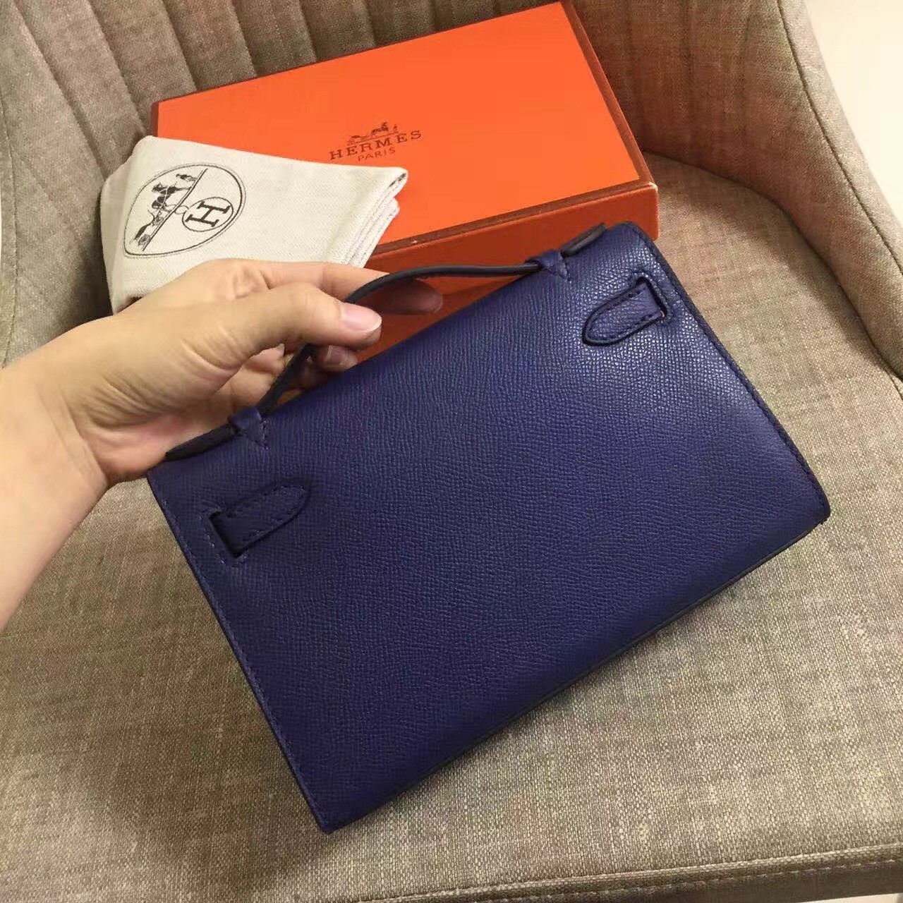 Hermes Sapphire Kelly Pochette Epsom Handmade Bag