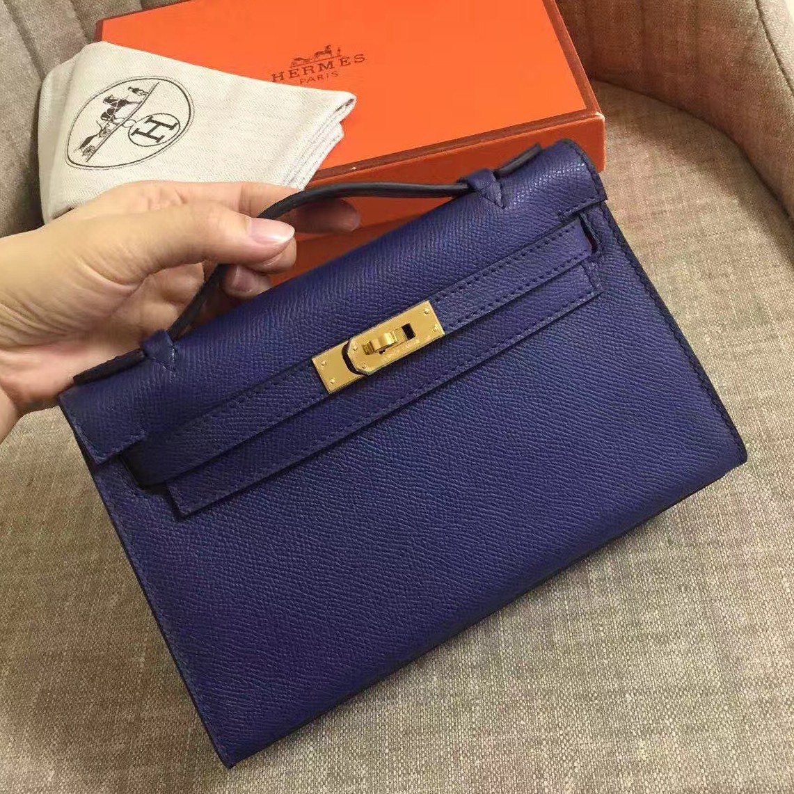 Hermes Sapphire Kelly Pochette Epsom Handmade Bag