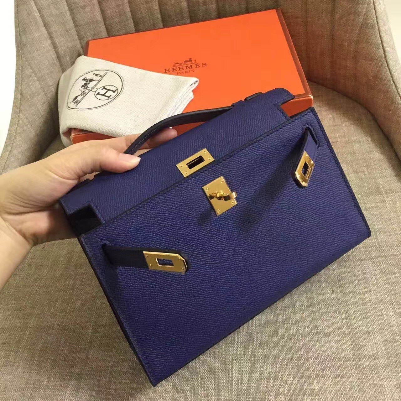 Hermes Sapphire Kelly Pochette Epsom Handmade Bag