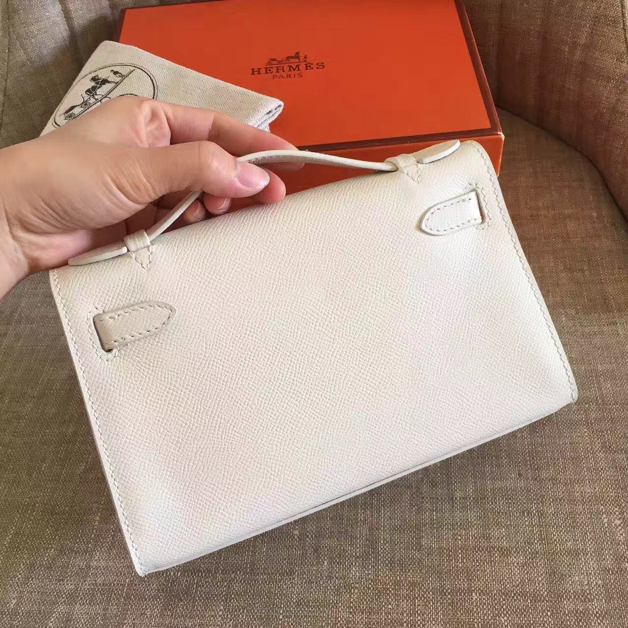 Hermes White Kelly Pochette Epsom Handmade Bag