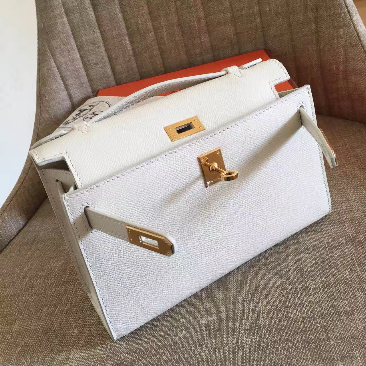 Hermes White Kelly Pochette Epsom Handmade Bag