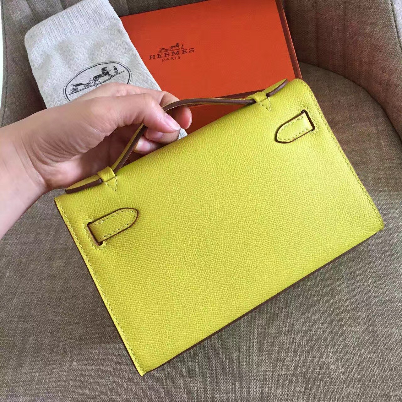 Hermes Yellow Kelly Pochette Epsom Handmade Bag