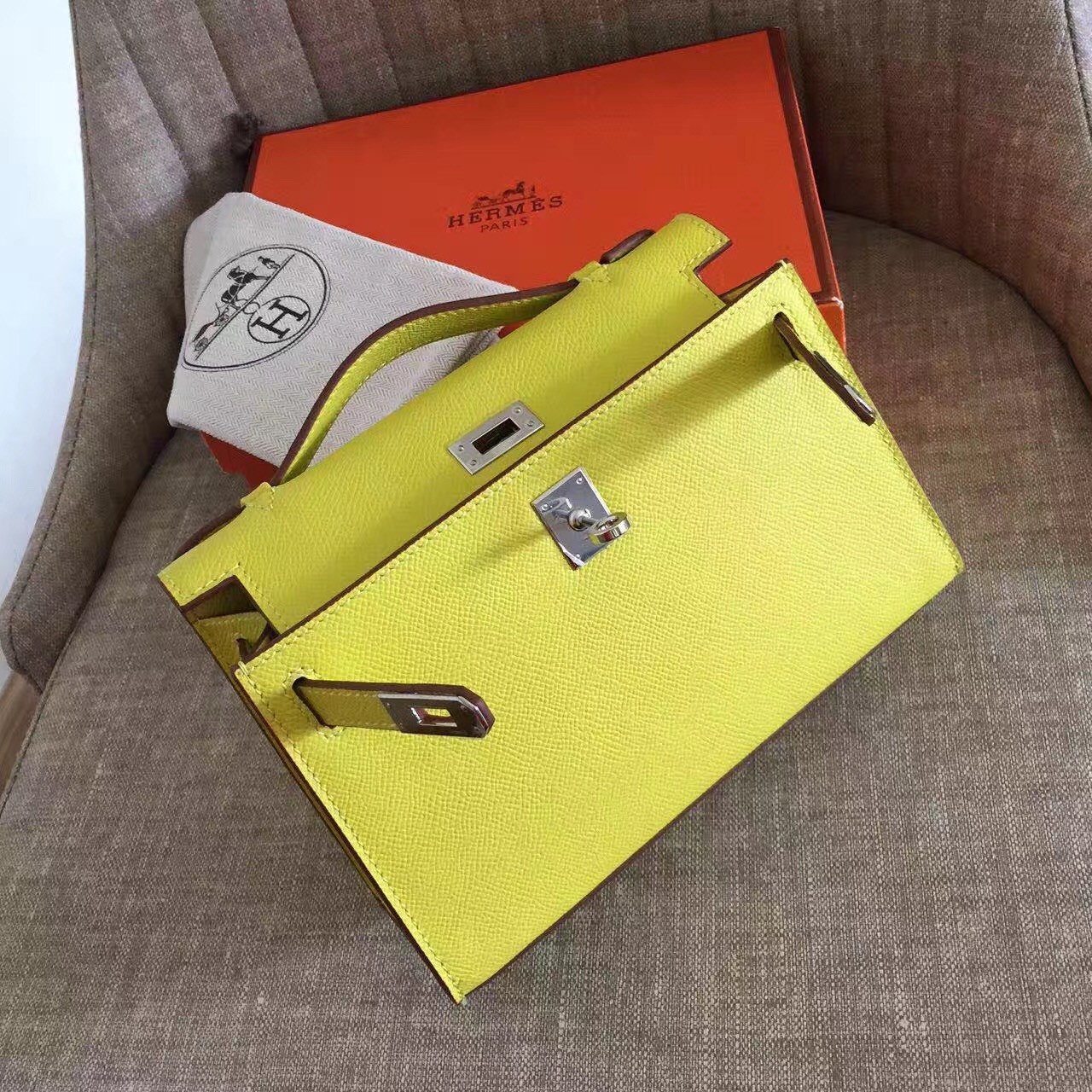 Hermes Yellow Kelly Pochette Epsom Handmade Bag