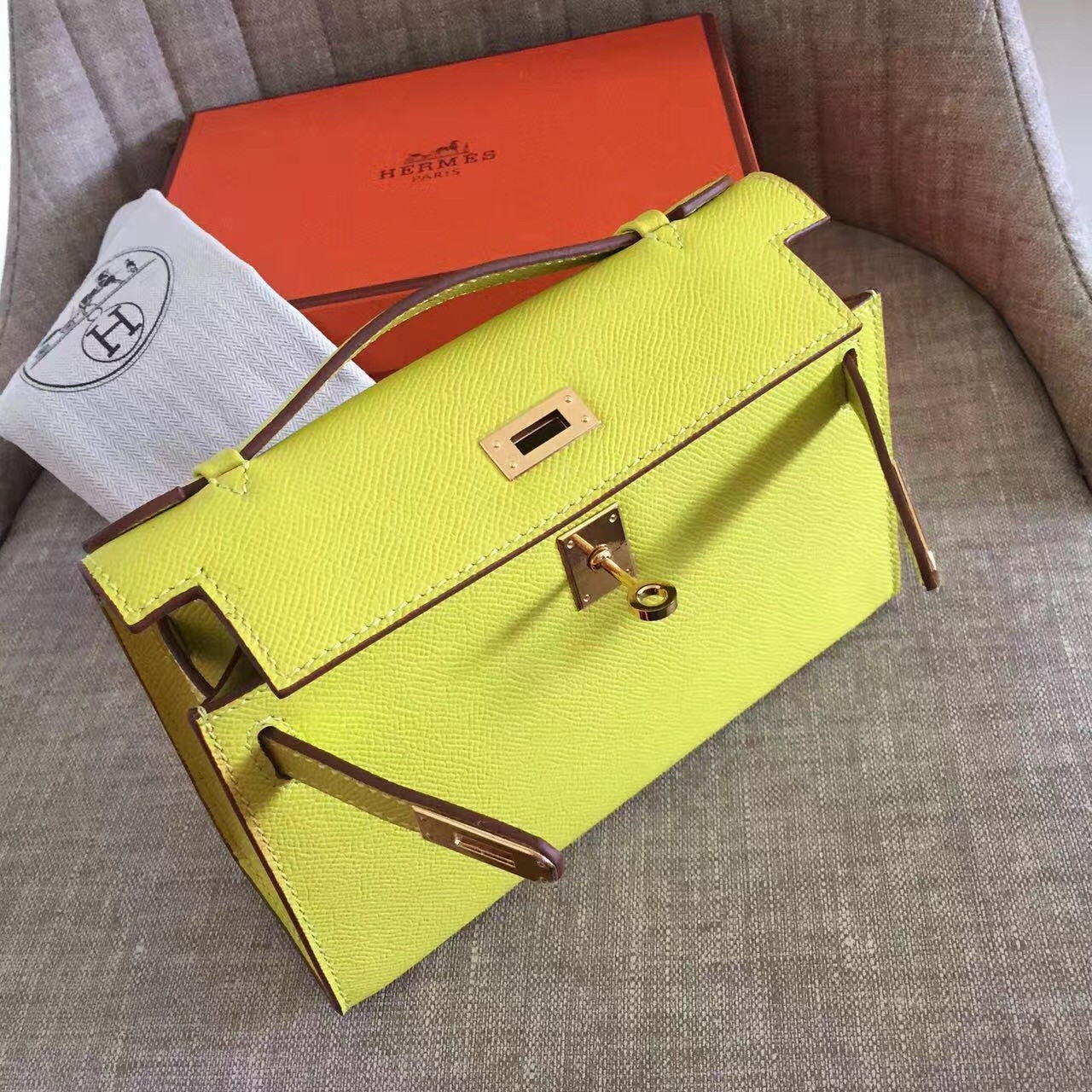 Hermes Yellow Kelly Pochette Epsom Handmade Bag